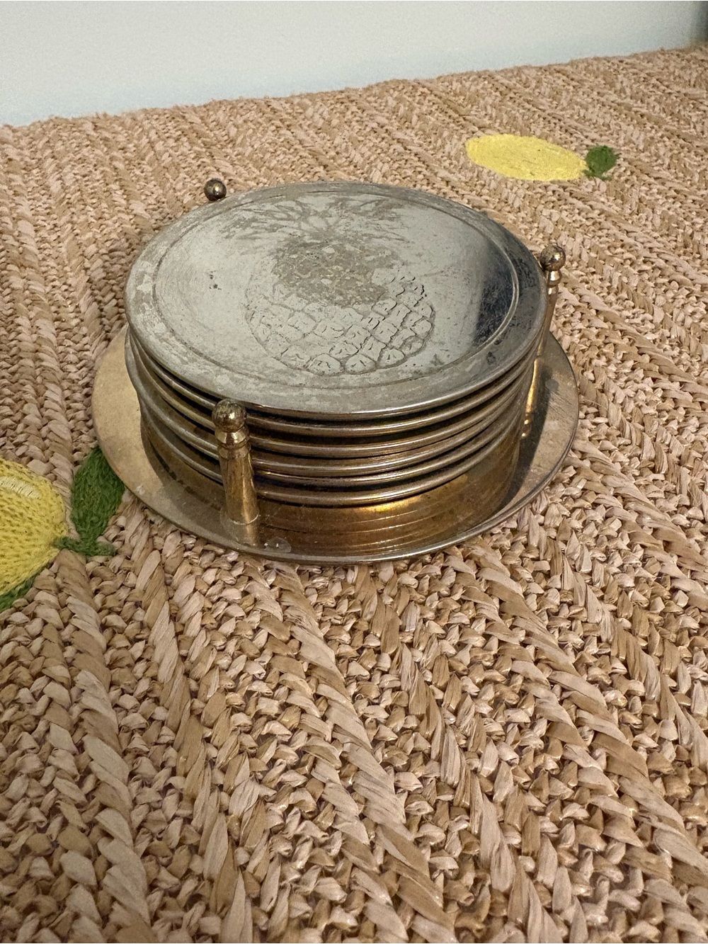 Vintage Brass Metal Pineapple Coasters Set 6 Etched Silver Finish with Caddy